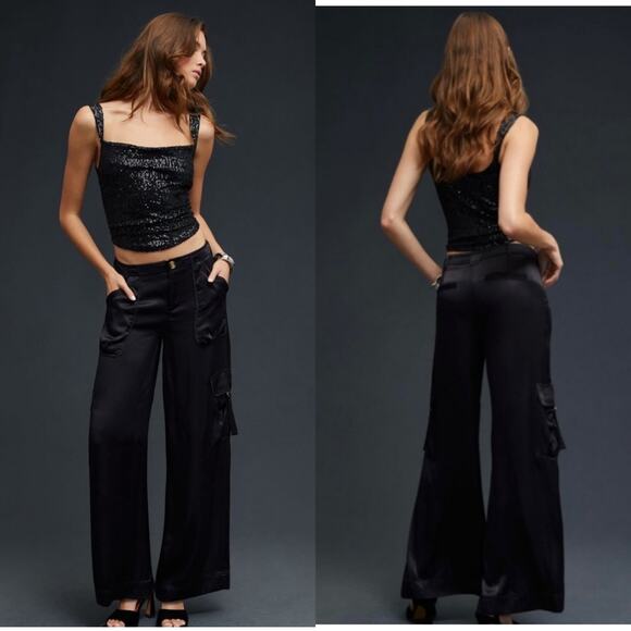 Anthropologie Pants - Anthropologie Pants Womens 12 Black Satin Wide Leg Cargo Edgy Contemporary Party